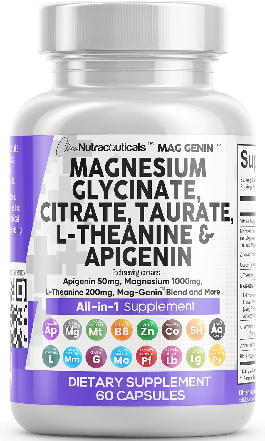 Magnesium Glycinate Complex 1000Mg With L-Theanine 200Mg Apigenin 50Mg Citrate Taurate Supplement - 5-Htp Gaba Passion Flower Lemon Balm L-Glycine Phosphatidylserine Ashwagandha - 60 Count