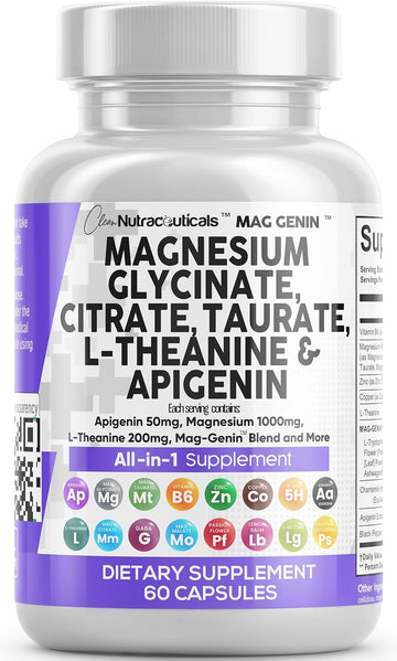 Magnesium Glycinate Complex 1000Mg With L-Theanine 200Mg Apigenin 50Mg Citrate Taurate Supplement - 5-Htp Gaba Passion Flower Lemon Balm L-Glycine Phosphatidylserine Ashwagandha - 60 Count