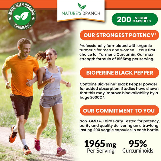 Turmeric Curcumin with Black Pepper BioPerine - 200 Capsules - Extra Strength 1965mg Joint Support Supplement, High Absorption, Made in USA w/Organic Root Powder, Vitamin Extract Complex Vegan Pills