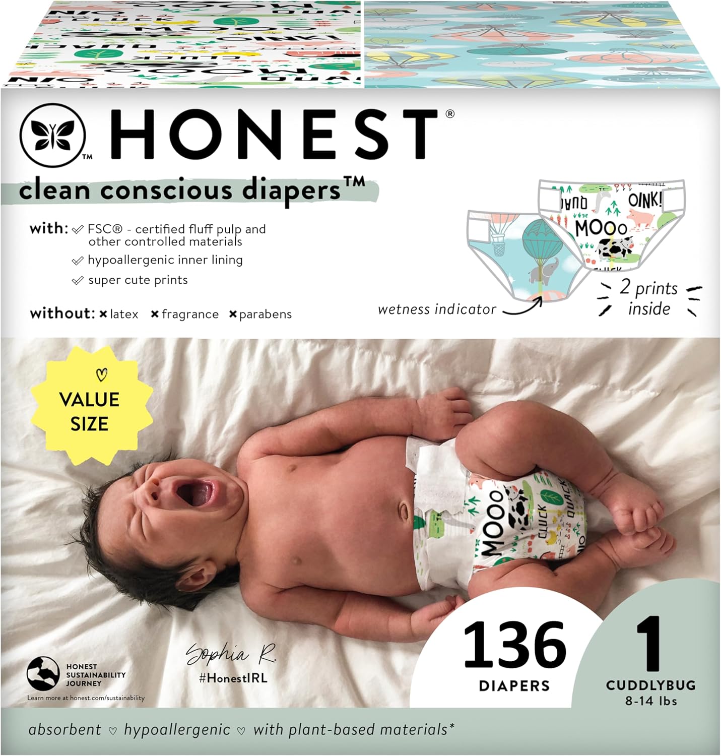 The Honest Company Clean Conscious Diapers | Plant-Based, Sustainable | Above It All + Barnyard Babies | Super Club Box, Size 1 (8-14 Lbs), 136 Count