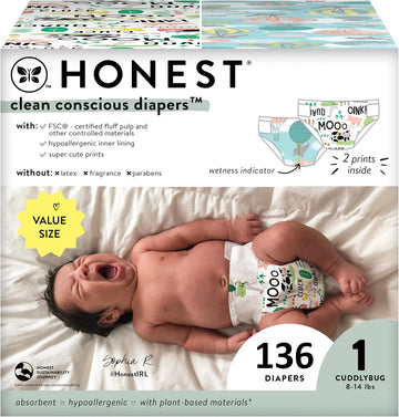 The Honest Company Clean Conscious Diapers | Plant-Based, Sustainable | Above It All + Barnyard Babies | Super Club Box, Size 1 (8-14 Lbs), 136 Count