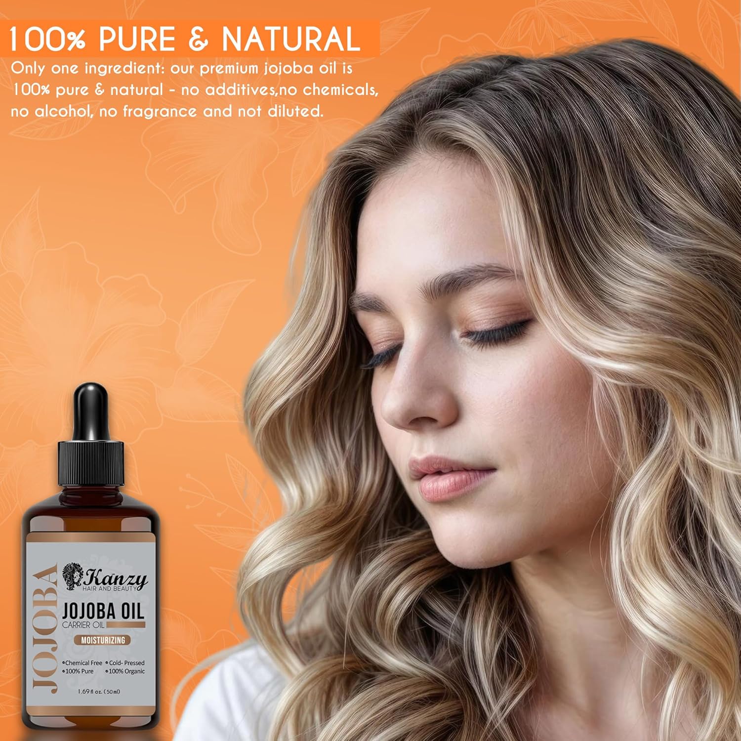 Kanzy Jojoba Oil Organic Cold Pressed 50Ml - 100% Pure Jojoba Oil For Hair, Nails, Eyelash & Eyebrow Growth - Vegan & Cruelty Free Jojoba Oil For Skin, Face & Body As Carrier, Massage Oil