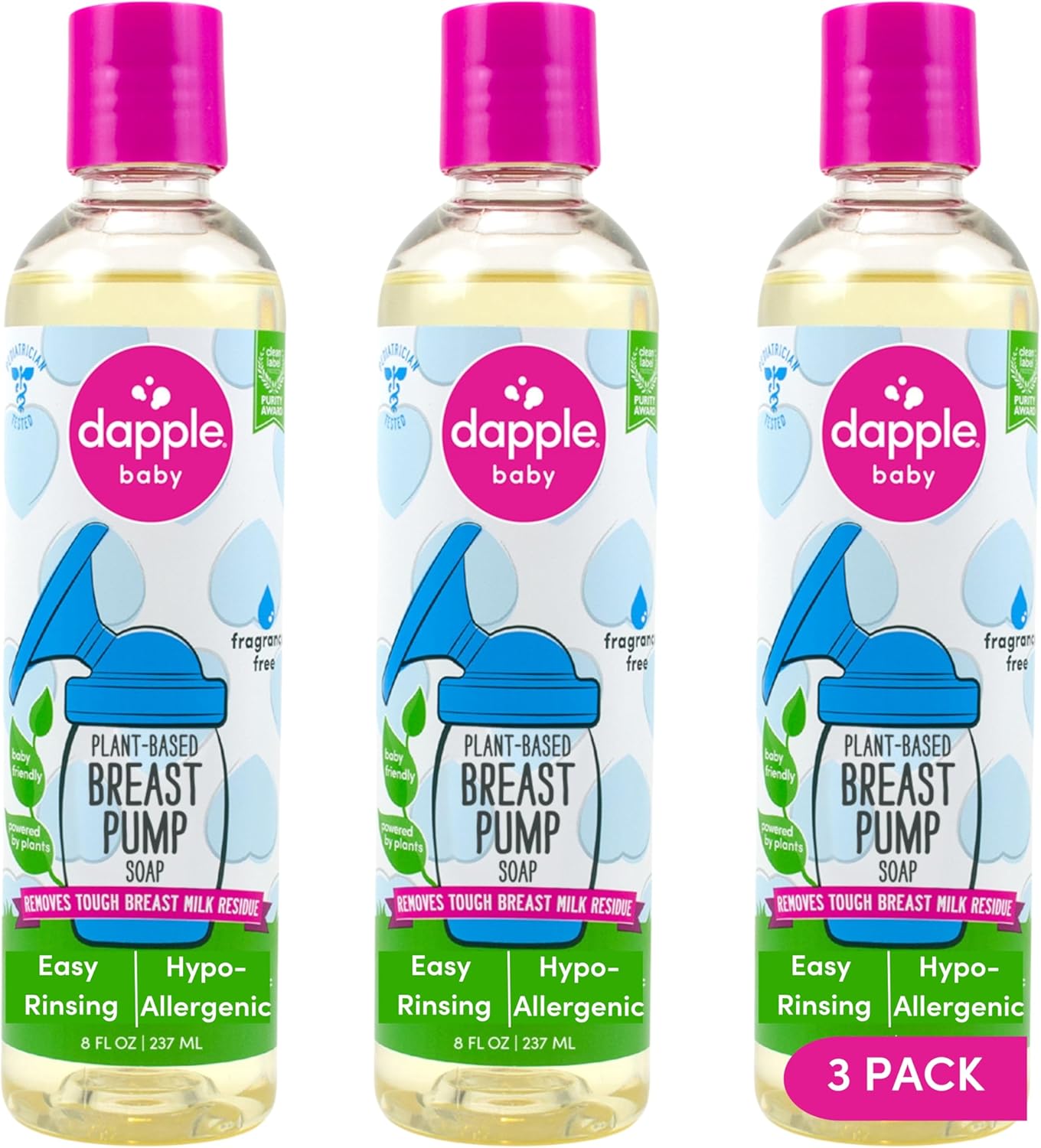 Dapple Breast Pump Soap Baby, 8 Fl Oz Bottle (Pack Of 3), Fragrance Free, Plant Based & Hypoallergenic Liquid Soap - Easy Rinse Formula Removes Milk Residue & Leaves No Taste