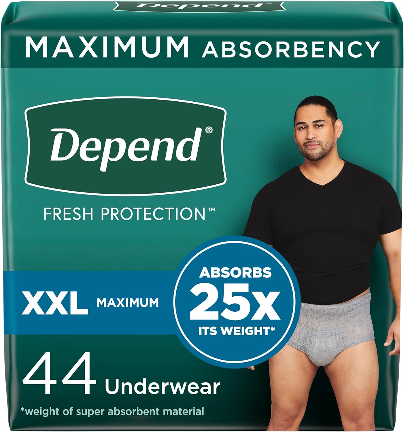 Depend Fresh Protection Adult Incontinence Underwear For Men, Disposable, Maximum, Extra-Extra-Large, Grey, 44 Count (2 Packs Of 22), Packaging May Vary