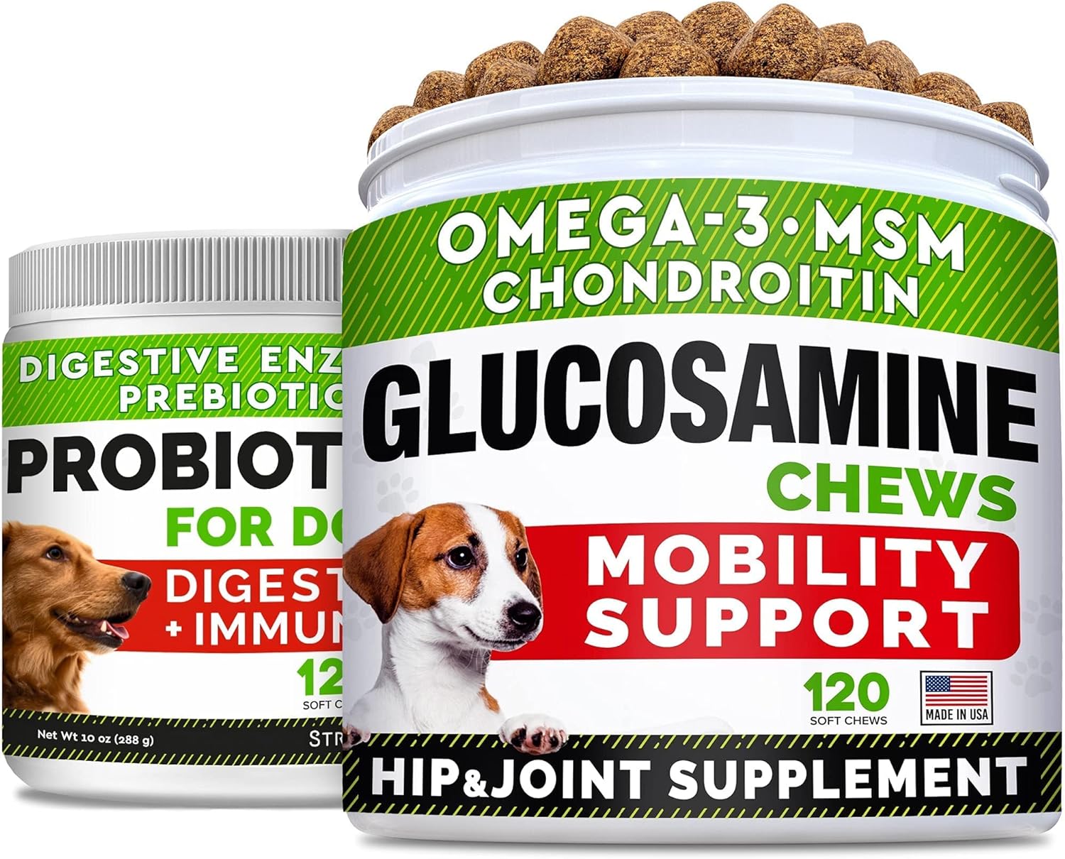 Glucosamine Treats For Dogs + Dog Probiotics Treats For Picky Eaters Bundle - Joint Supplement W/Omega-3 Fish Oil, Chondroitin, Msm And Digestive Support, Allergy, Gas And Constipation Relief