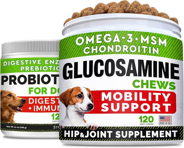 Glucosamine Treats For Dogs + Dog Probiotics Treats For Picky Eaters Bundle - Joint Supplement W/Omega-3 Fish Oil, Chondroitin, Msm And Digestive Support, Allergy, Gas And Constipation Relief