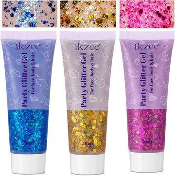 Body Glitter Gel 3Pcs, 50Ml Mermaid Silver Pink Face Hair Glitter Gel Sequins Shimmer Liquid Eyeshadow, Liquid Holographic Glitter Gel, Chunky Glitter For Music Festival, Parties, Performances, Stages