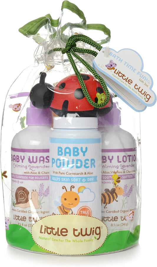 Little Twig Baby Basics Baby Powder Plus Baby Wash and Lotion Washcloth and Tub Toy Gift Set, Lavender/Unscented, 1.9 Pound