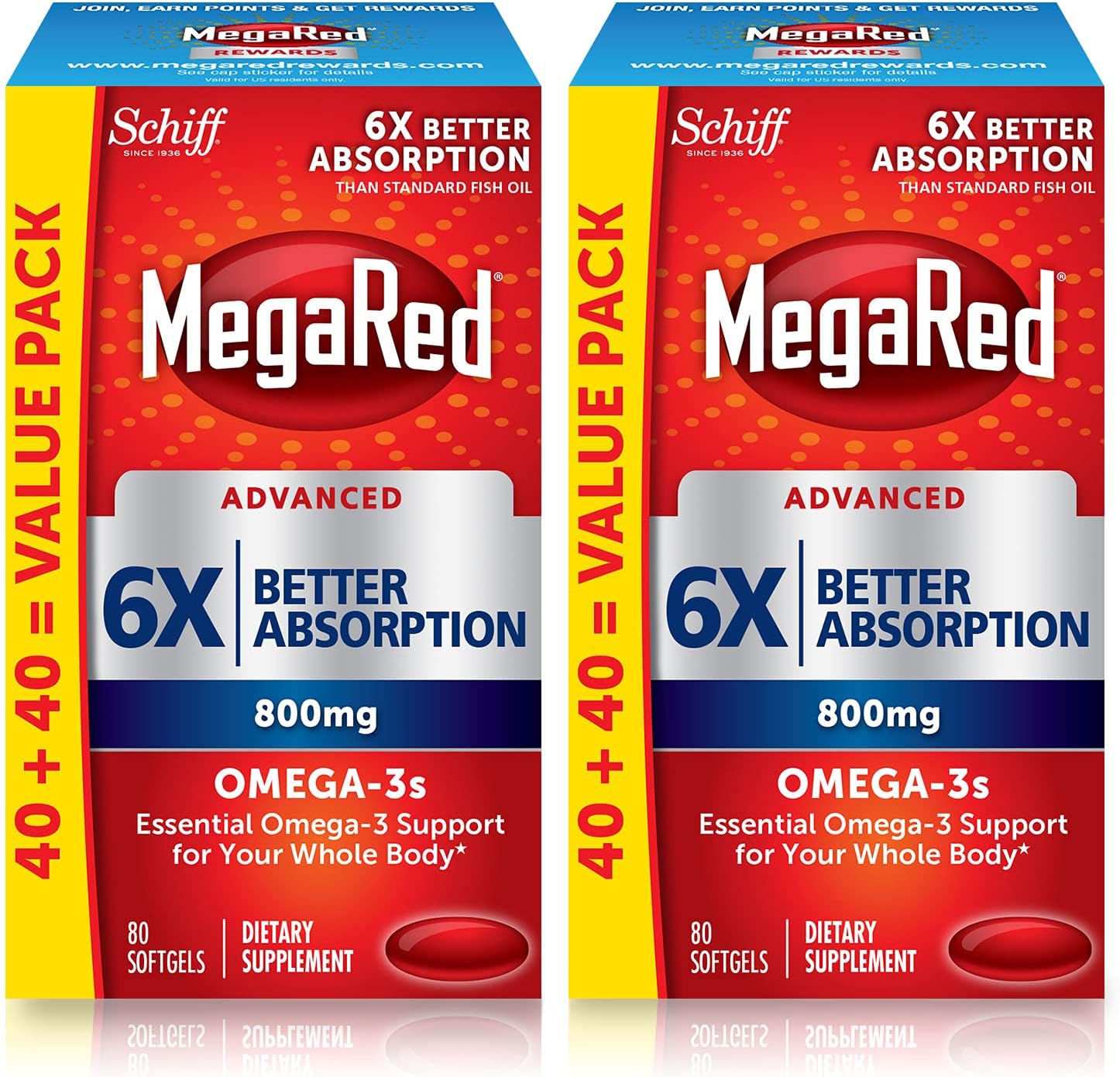 MegaRed Omega 3 Fish Oil Supplement 800mg (per Serving), Advanced 6X Absorption EPA & DHA Omega 3 Fatty Acid Softgels (80cnt Box), Phopholipids, Supports Brain Eye Joint & Heart Health