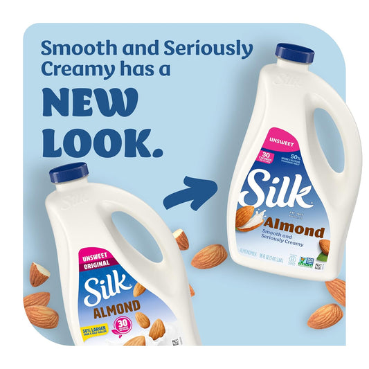 Silk Almond Milk, Unsweet, Dairy Free, Gluten Free, Seriously Creamy Vegan Milk With 50% More Calcium Than Dairy Milk, 96 Fl Oz Bottle