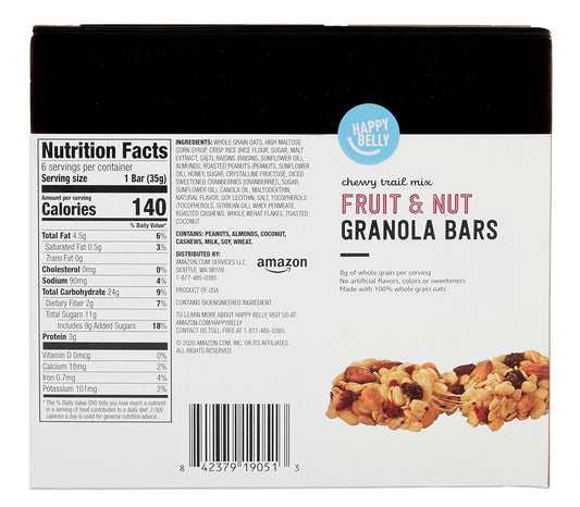 Amazon Brand - Happy Belly Fruit & Nut Chewy Trail Mix Granola Bars, 6 Count