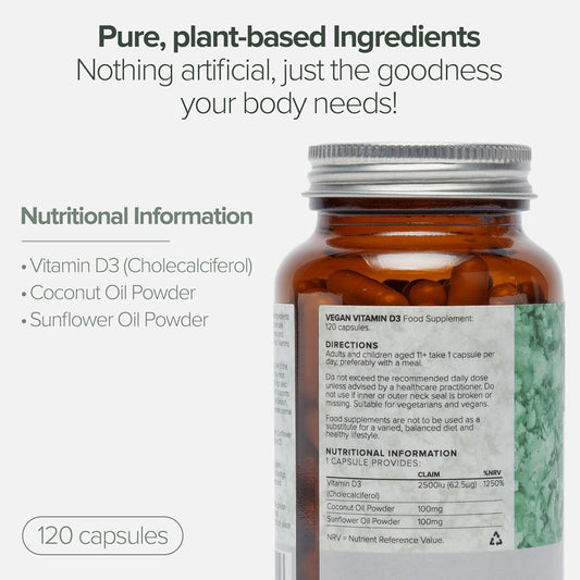 Botanycl Vegan Vitamin D3 - As Seen On Dragons’ Den - 2500 Iu - 120 Capsules - 4 Month Supply - 100% Plant-Based From Lichen - Supports Hair, Mood, Immune Health & Bone Strength