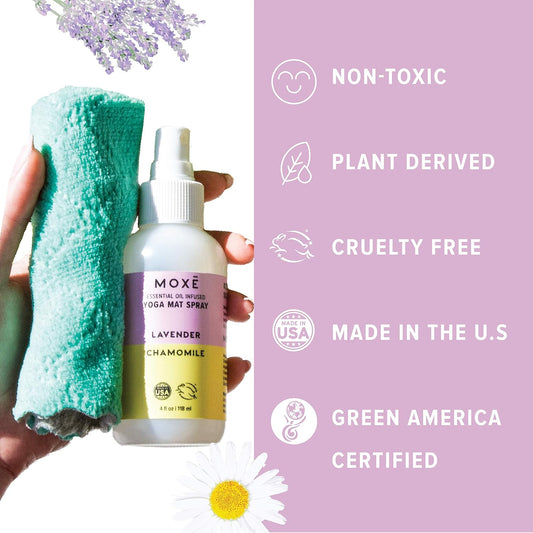 Moxe Yoga Mat Cleaner Lavender & Chamomile Essential Oils, 4 Ounces, Safe For All Mats & Exercise Equipment, Odor & Sweat Protection, Made In Usa