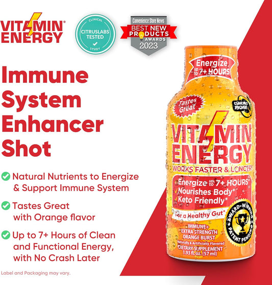 Vitamin Energy Extra Strength Energy Drink Shots | Natural Nutrients To Energize & Support Immune System | Sugar & Carb-Free | Immunity Formula | Up To 7+ Hours | Orange Burst- 1.93 Fl Oz- Pack Of 24