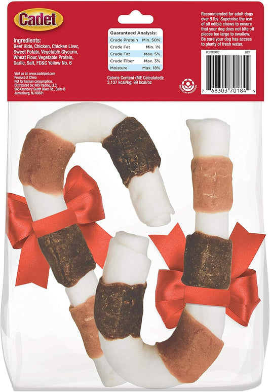 Cadet Triple Flavored Rawhide Dog Shish Kabob Candy Cane Dog Treat Chicken, Liver & Sweet Potato 8"