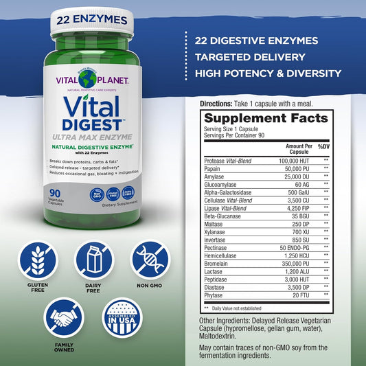 Vital Planet – Vital Digest Natural Digestive Enzymes Supports Breakdown Of Proteins, Fats, And Carbohydrates And Reduces Occasional Gas, Bloating And Indigestion 90 Capsules (Packaging May Vary)