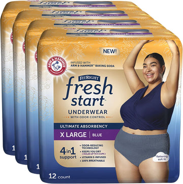 Fitright Fresh Start Incontinence And Postpartum Underwear For Women, Xl, Blue (48 Count) Ultimate Absorbency, Disposable Underwear With The Odor-Control Power Of Arm & Hammer