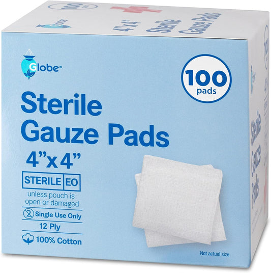 Globe 4’’ X 4" Advanced Sterile Gauze Pads For Wound Dressing| 100-Pack, Individually Packed | 12-Ply Cotton & Highly Absorbent| Advanced Gauze Sponge-Pads For Wound Care & Home First Aid Kits (4 X 4)