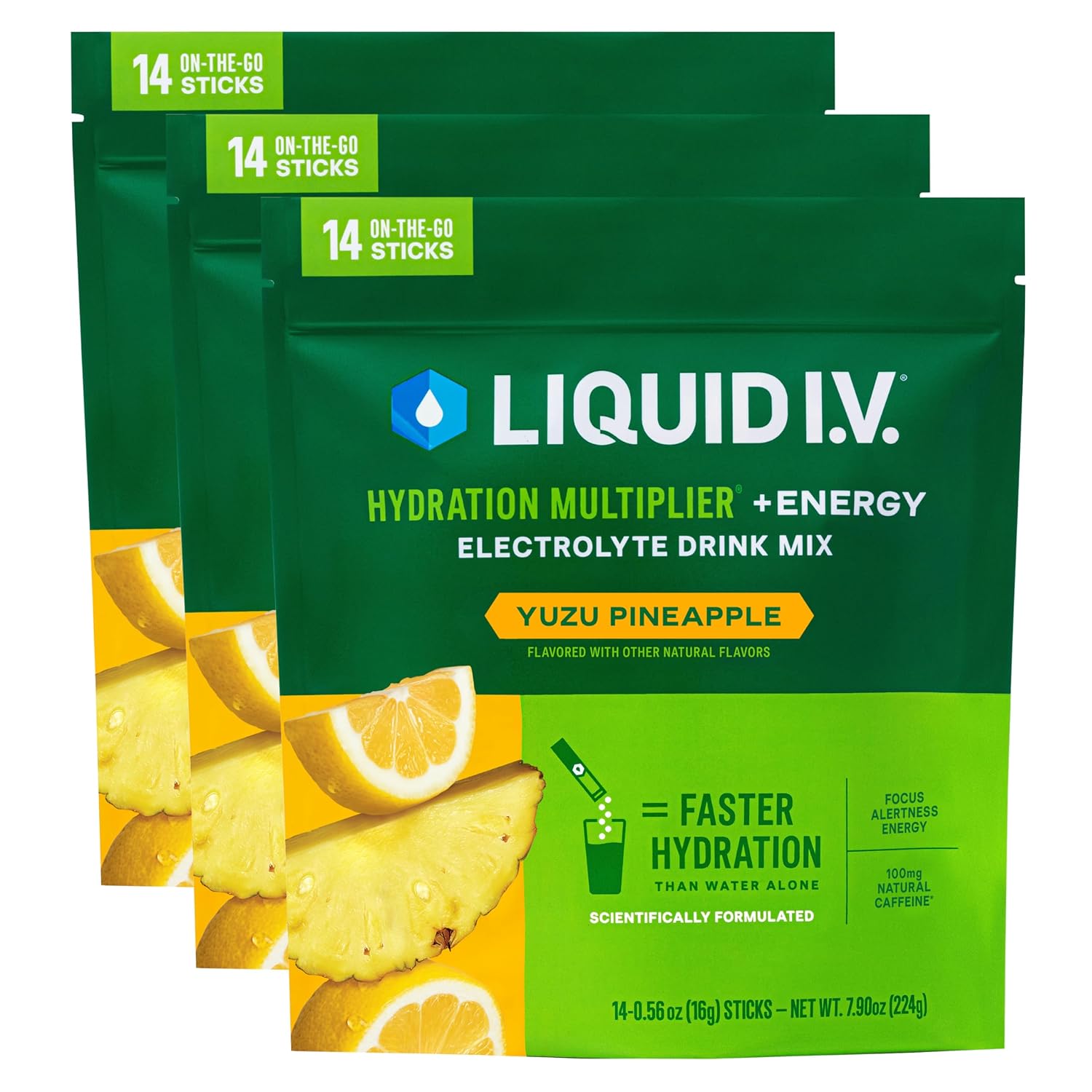 Liquid I.V.® Hydration Multiplier® +Energy - Yuzu Pineapple - Hydration Powder Packets | Electrolyte Powder Drink Mix | Convenient Single-Serving Sticks | Non-Gmo | 14 Servings (Pack Of 3)