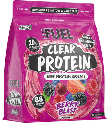 Bodyfuel Clear Protein - Beef Protein Isolate - Clear & Refreshing - Best Low Sugar & Lactose-Free Protein Supplement - Muscle Support (500G - 20 Servings) (Berry Blast)