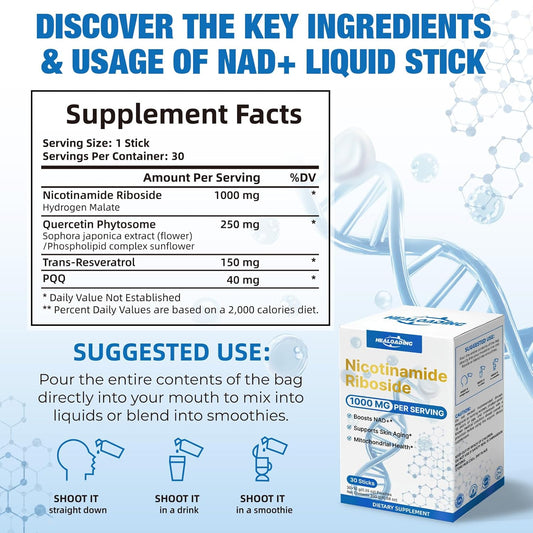 Liquid Nad Supplements For Women: Nicotinamide Riboside Resveratrol Supplements 1000Mg With Pqq, Nad+ Supplement Strawberry Flavor Drink For Support Skin Aging, Energy And Focus - 30 Sticks
