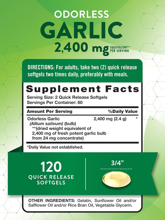 Odorless Garlic 2400 Mg | 120 Softgel Capsules | High Strength Extract Pills | Non-Gmo, Gluten Free Supplement | By Nature'S Truth