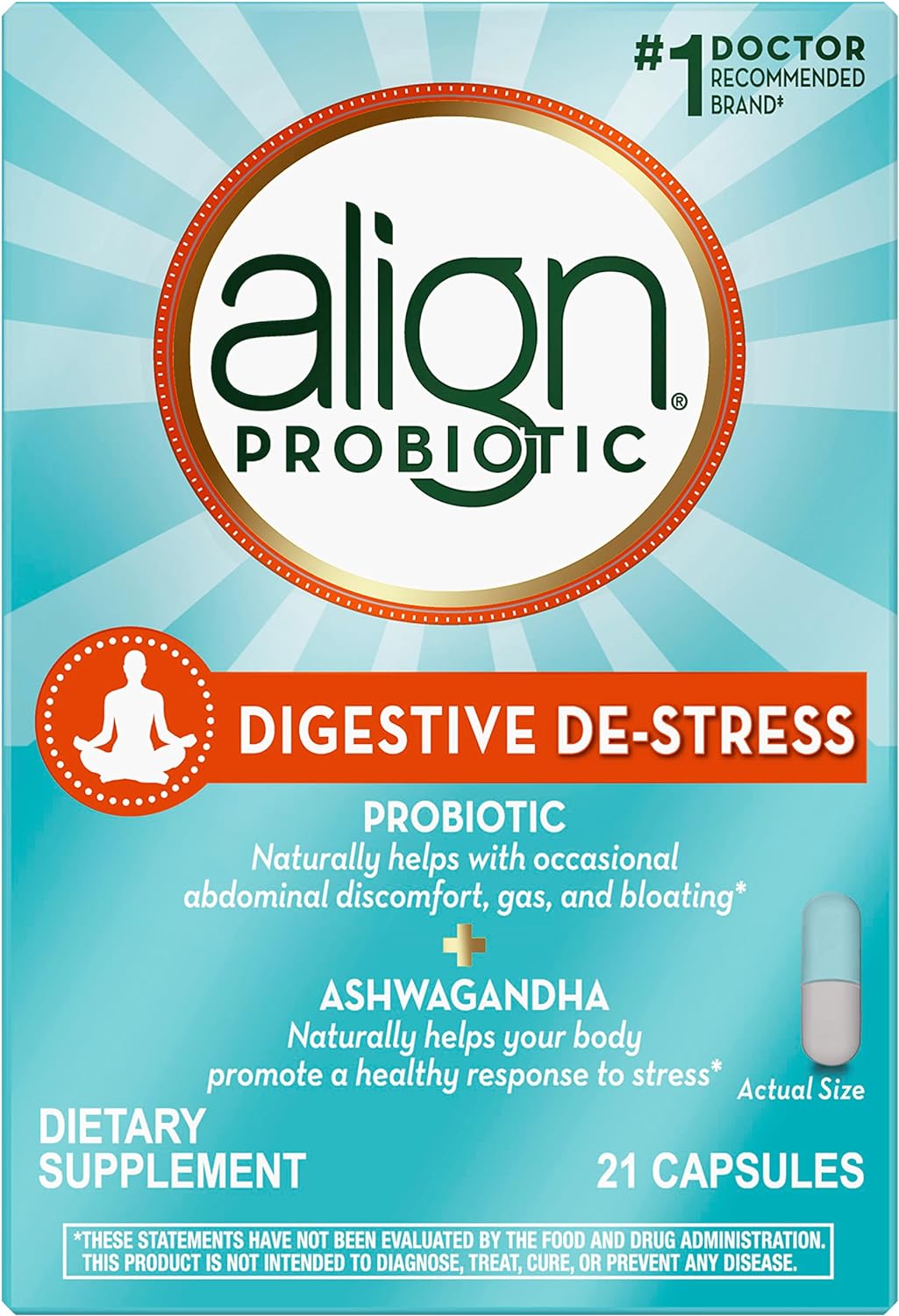 Align Probiotic, Digestive De-stress, Probiotic for Women and Men with Ashwagandha, Helps with a Healthy Response to Stress, Gluten Free, Soy Free, Vegetarian, 21 Capsules