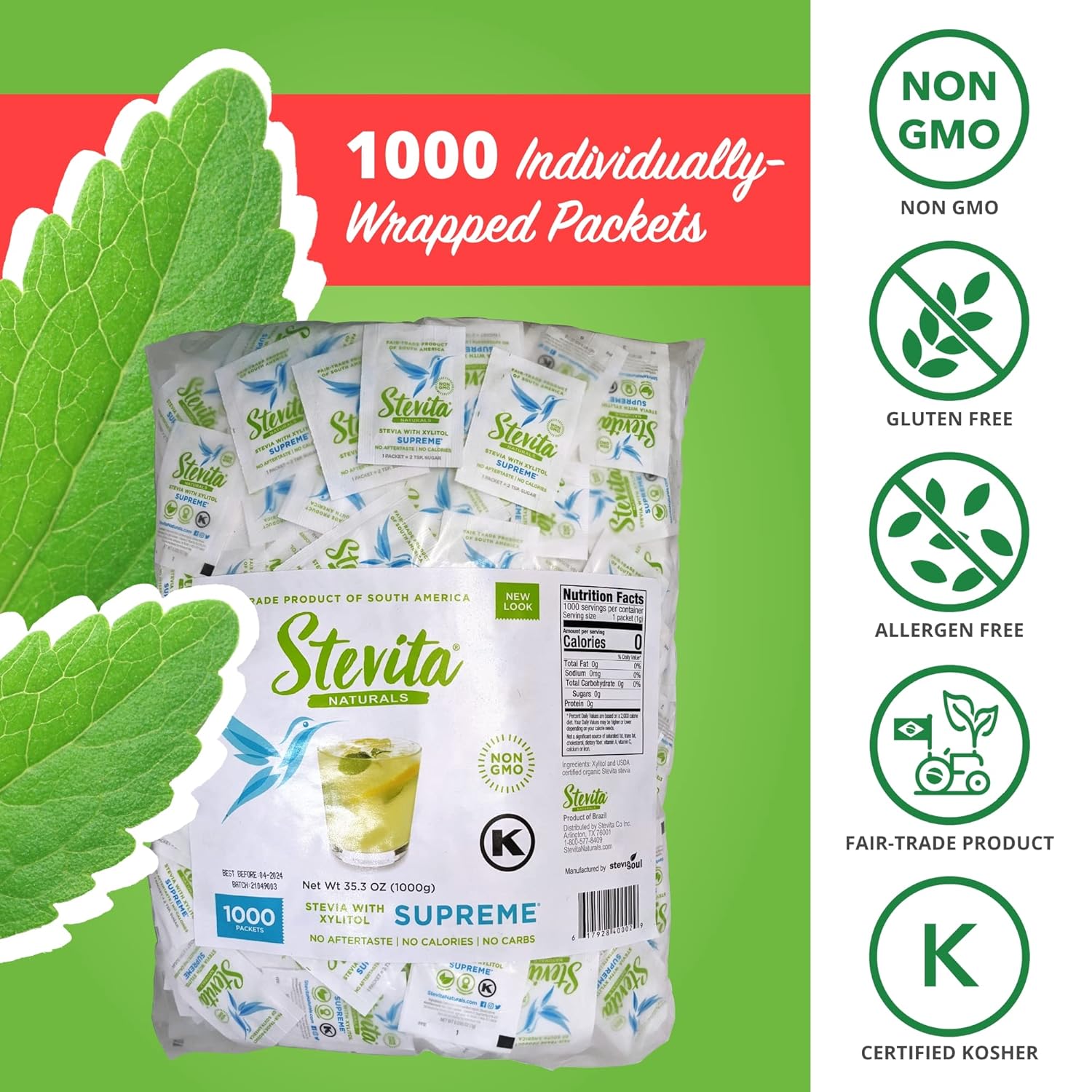 Stevita Stevia With Xylitol Supreme - 1000 Packets - All-Natural Sweetener, No Calories - Non-Gmo, Vegan, Kosher, Keto, Paleo, Gluten Free - 1000 Servings