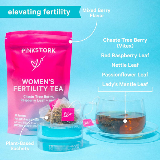 Pink Stork Organic Fertility Tea For Women With Chaste Tree Berries (Vitex) To Support Conception For Her - Hormone Balance With Mint And Red Raspberry Leaf, 15 Sachets