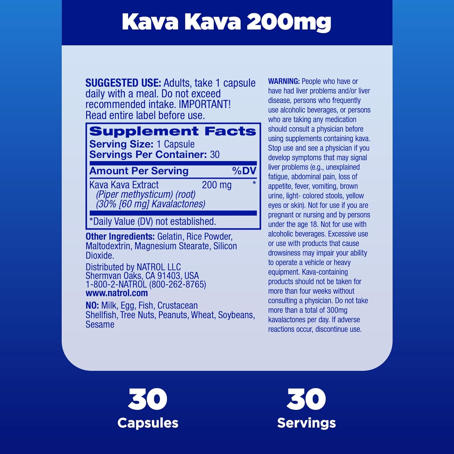 Natrol Mood & Stress Kava Kava 200mg, Dietary Supplement for Relaxation and Eases Tension, 30 Capsules, 15-30 Day Supply : Health & Household