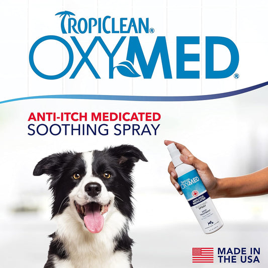 TropiClean Oxymed Medicated Cat & Dog Itch Relief Spray | Gentle Skin Soother for Dogs & Cats | 8 oz