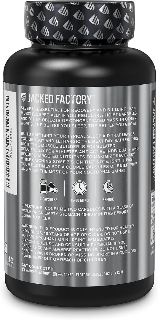 Jacked Factory Build PM Night Time Muscle Builder & Sleep Aid - Post Workout Recovery & Sleep Support Supplement w/VitaCherry Tart Cherry, Ashwagandha, & Melatonin - 60 Natural Veggie Pills