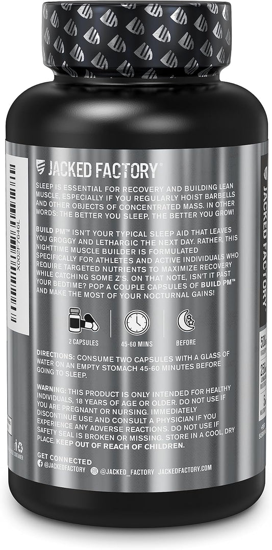 Jacked Factory Build Pm Night Time Muscle Builder & Sleep Aid - Post Workout Recovery & Sleep Support Supplement W/Vitacherry Tart Cherry, Ashwagandha, & Melatonin - 60 Natural Veggie Pills