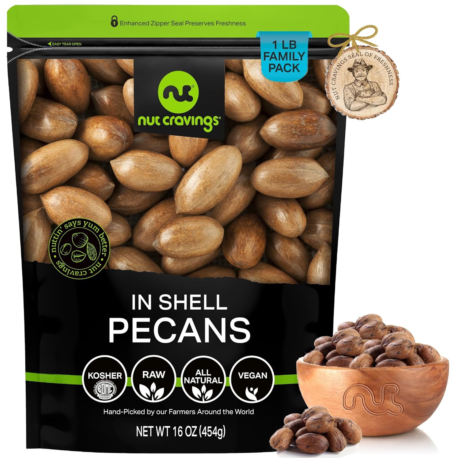 Nut Cravings - Raw Hard Shell Pecans, (16Oz - 1 Lb) Bulk Nuts Packed Fresh In Resealable Bag - Healthy Protein Food Snack, All Natural, Keto, Vegan, Kosher Ideal For Trail Mixed Nuts