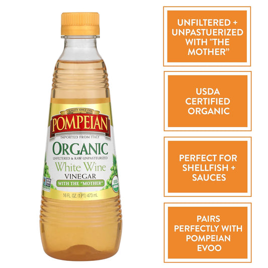 Pompeian Gourmet Organic White Wine Vinegar, Unfiltered & Unpasteurized, Perfect For Salad Dressings, Shellfish & Sauces, 16 Fl. Oz., Pack Of 6