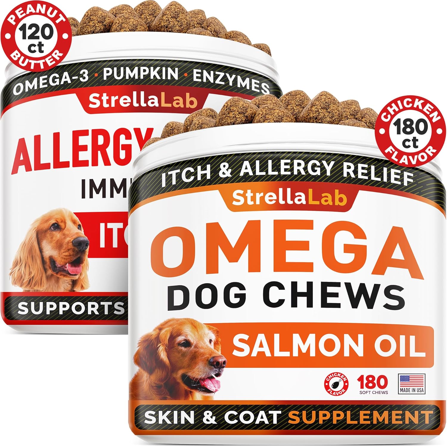 Allergy Relief + Omega 3 Dogs Bundle - Itchy Skin Treatment + Allergy & Itch Relief Skin & Coat Supplement - Omega3 & Pumpkin - Anti Itch Support - 300 Ct - Peanut Butter + Salmon Flavor - Made In Usa