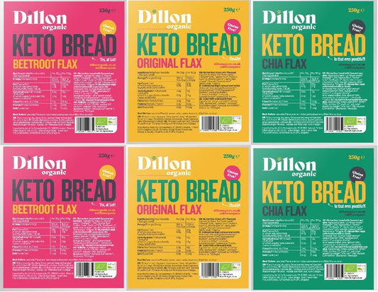 Dillon Organic Keto Bread Mixed Selection | Gluten Free | Original Flax, Chia Flax & Beetroot Flax | 2 Of Each Flavour | 6 X 250G