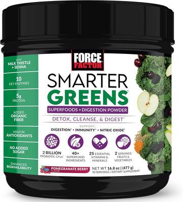 FORCE FACTOR Smarter Greens Superfoods Powder to Support Digestion, Gut Health, Bloating, Greens Powder with Probiotics, Prebiotics, Digestive Enzymes, & Adaptogens, Pomegranate Berry, 30 Servings