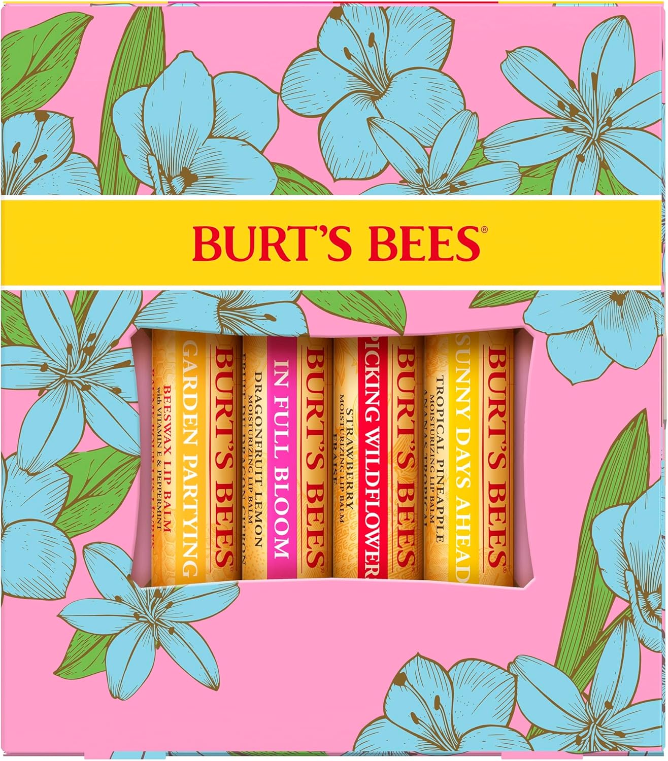 Burt'S Bees Lip Balm Gift Set, Beeswax, Strawberry, Tropical Pineapple, Dragonfruit Lemon, In Full Bloom, 4X4.25G