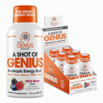 Shot Of Genius, Nootropic Energy Shots, 6 Count - The Smart Energy Drink With Alpha Gpc, L-Theanine & Natural Caffeine - Extra-Strength Brain Supplement - No Artificial Dyes, Flavors, Or Sweeteners
