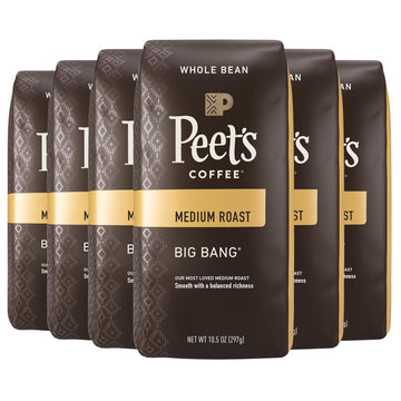 Peet's Coffee, Medium Roast Whole Bean Coffee - Big Bang 63 Ounces (6 Bags of 10.5 Ounces)