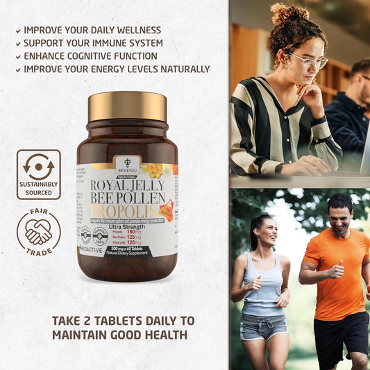 Bee & You Royal Jelly, Bee Pollen, Propolis Ultra Strength Immune And Energy Booster Extract 500 Mg X 60 Tablets-Rich In Functional Antioxidants, Vitamins And Minerals To Support Your Immune System
