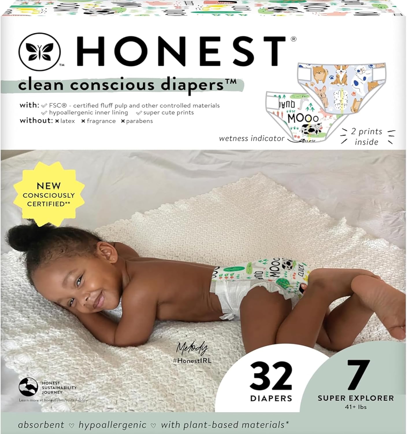 The Honest Company Clean Conscious Diapers | Plant-Based, Sustainable | Barnyard Babies + It’S A Pawty | Club Box, Size 7 (41+ Lbs), 32 Count