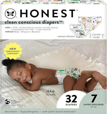 The Honest Company Clean Conscious Diapers | Plant-Based, Sustainable | Barnyard Babies + It’S A Pawty | Club Box, Size 7 (41+ Lbs), 32 Count