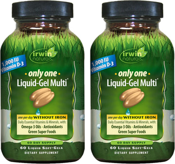 Irwin Naturals Only One Liquid-Gel Multi Without Iron - 60 Liquid Soft-Gels, Pack Of 2 - Omega-3 Oils, Antioxidants & Green Super Foods - 120 Total Servings