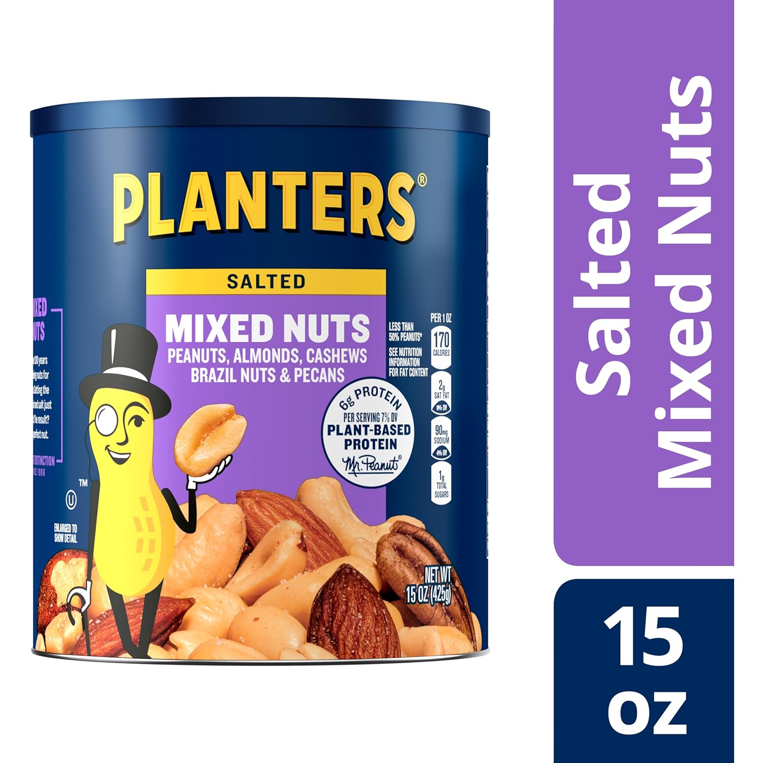 Planters Mixed Nuts (15 Oz Canister) - Variety Mixed Nuts With Less Than 50% Peanuts With Peanuts, Almonds, Cashews, Hazelnuts & Pecans