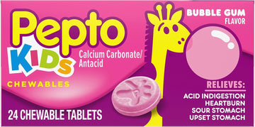 Pepto Bismol Kids Bubblegum Flavor Chewable Tablets For Heartburn,Acid Indigestion,Sour Stomach,And Upset Stomach For Children 24 Ct