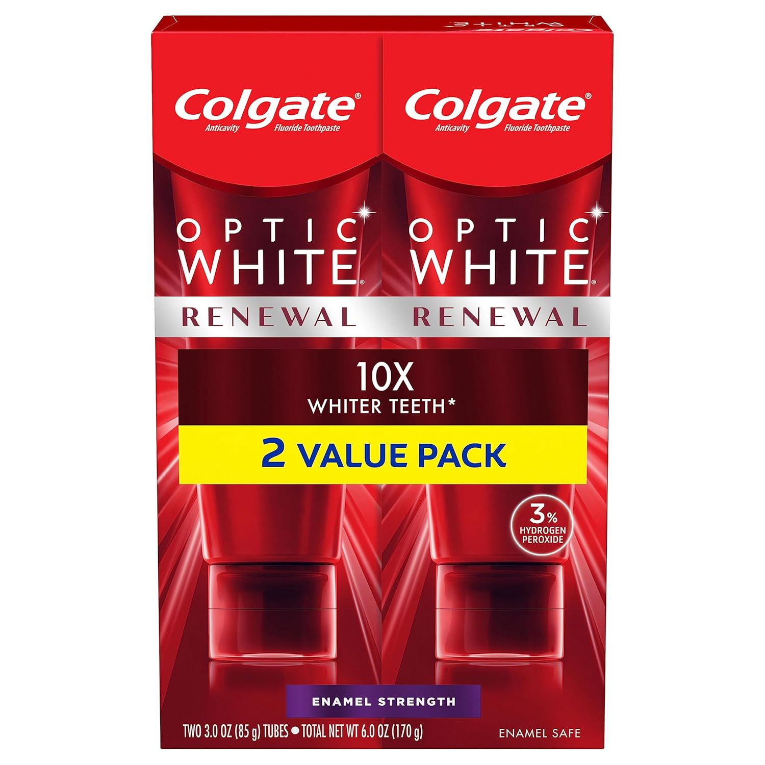 Colgate Optic White Renewal Teeth Whitening Toothpaste, Enamel Strength, 3 Oz Tube, 2 Pack