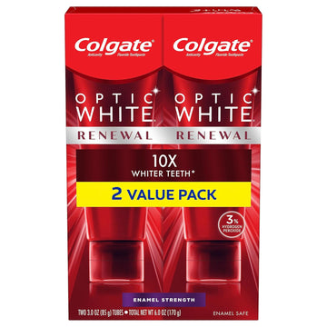 Colgate Optic White Renewal Teeth Whitening Toothpaste, Enamel Strength, 3 Oz Tube, 2 Pack