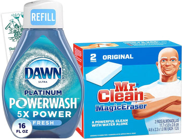 Bleam Cleaning Set - Dawn Powerwash Platinum Spray Refill 16 Oz - Fresh Scent Dish Soap - With 2 Pack Magic Eraser Original Cleaning Pads Cleaning Tip Card - Set